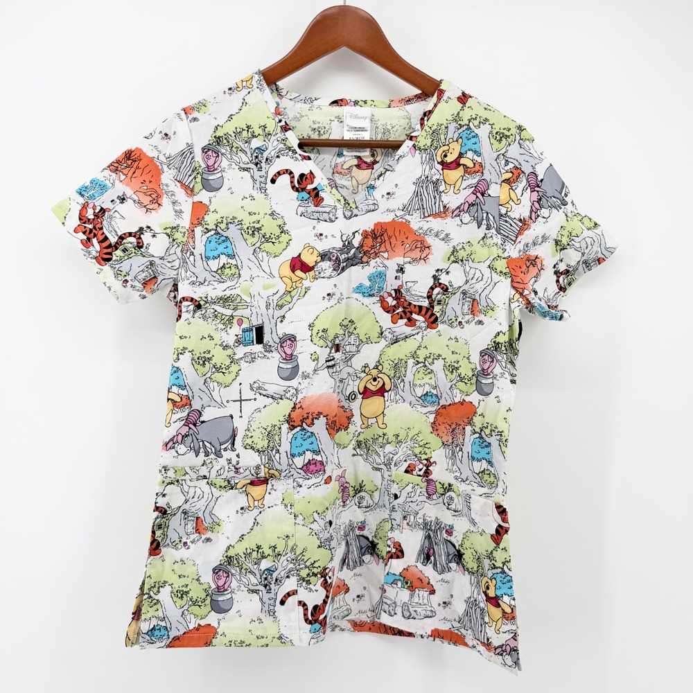 Disney XS Winnie the Pooh Scrub Top V-Neck Hundred Acre Wood Cotton Nurse Vet